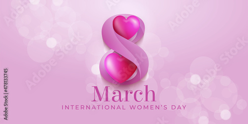 8 March Happy Womens Day Banner with 3d Hearts on symbol