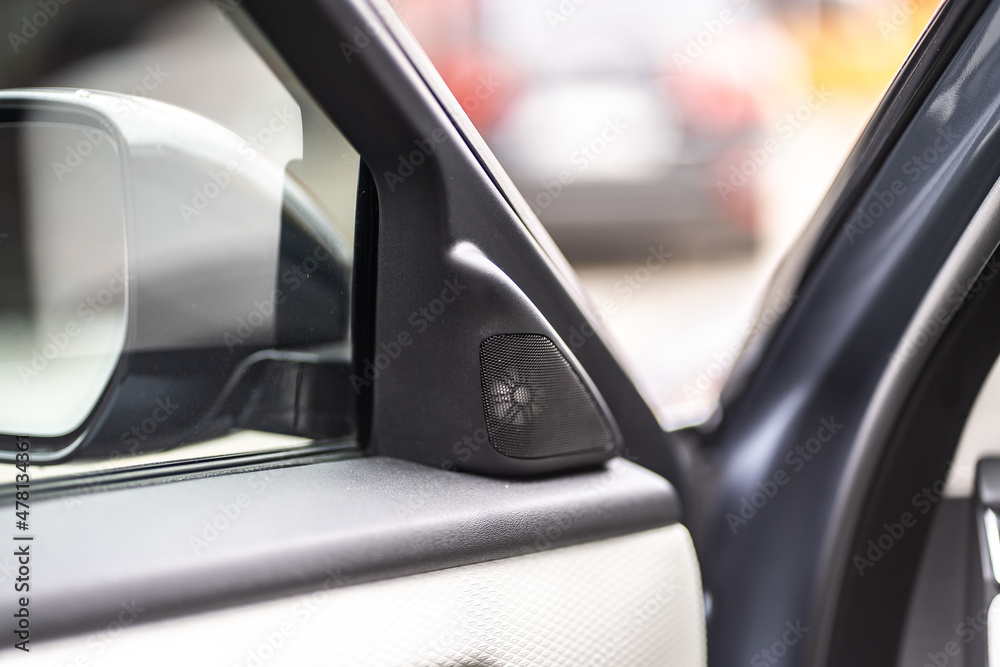 Car interior. Front handle door panel. Car open door window buttons.