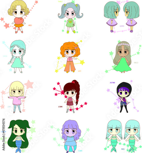 A set of horoscope signs as hand drawn cute girls cartoon vector. Girls in different hair and cloth styles. Illustration of astrological signs as a horoscope.