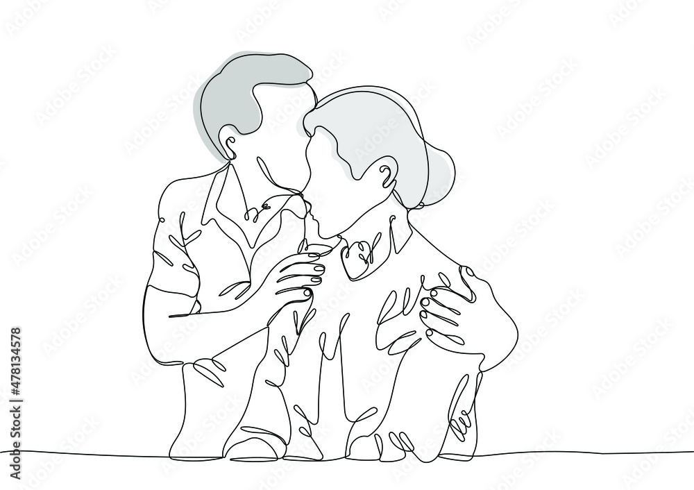 Elderly couple. Mature man and woman stand together and hug each other. One continuous line drawing. Vector illustration