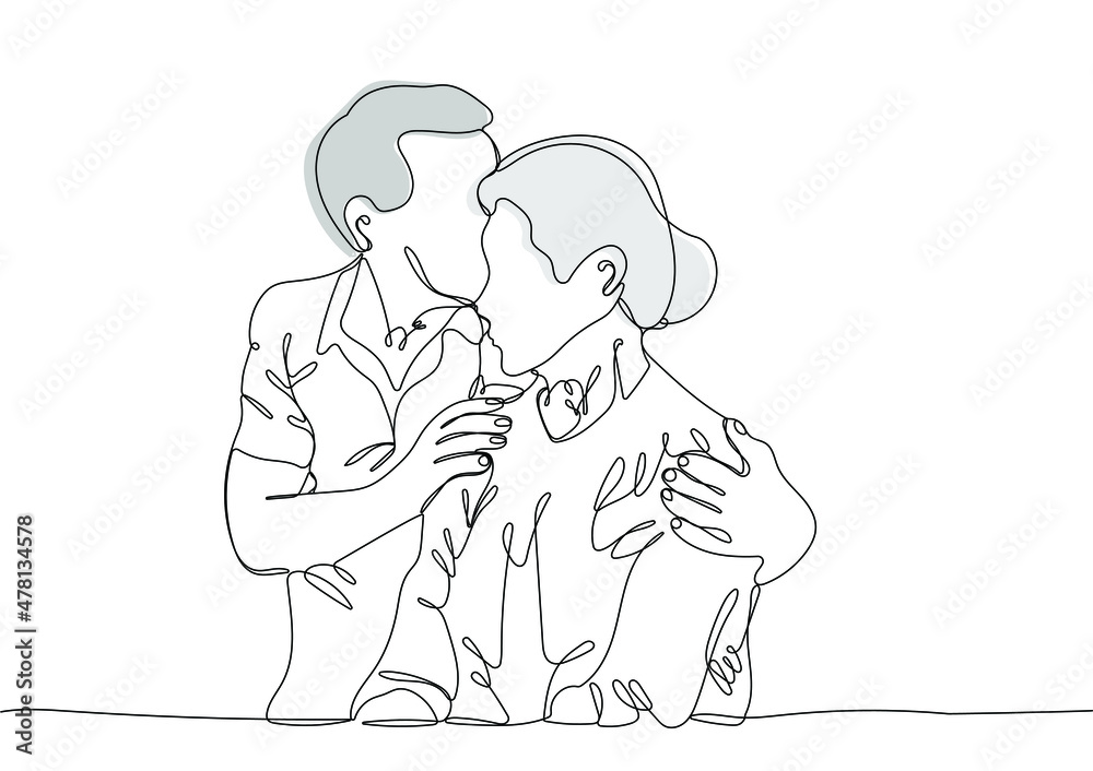 Elderly couple. Mature man and woman stand together and hug each other. One continuous line drawing. Vector illustration Elderly couple. Mature man and woman stand together and hug each other. One continuous line drawing. Vector illustration