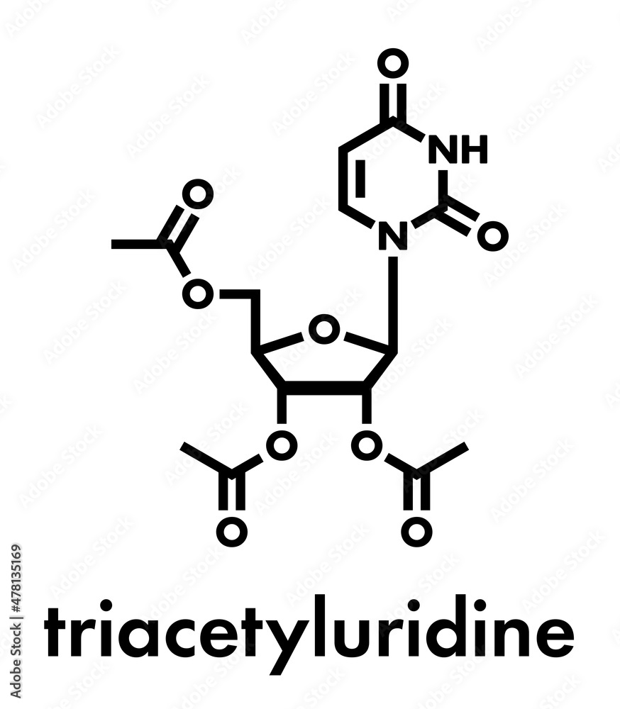 Triacetyluridine molecule. Prodrug of uridine. Skeletal formula. Triacetyluridine molecule. Prodrug of uridine. Skeletal formula.