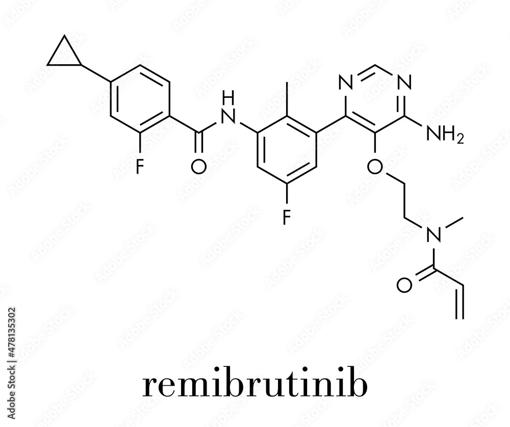 Remibrutinib drug molecule. Skeletal formula.