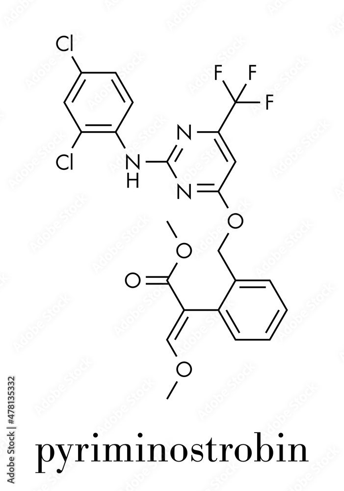 Pyriminostrobin insecticide molecule. Skeletal formula. Pyriminostrobin insecticide molecule. Skeletal formula.