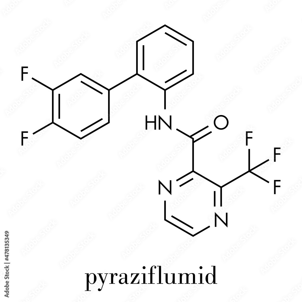 Pyraziflumid fungicide molecule. Skeletal formula. Pyraziflumid fungicide molecule. Skeletal formula.