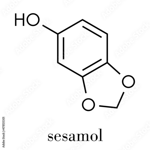 Sesamol herbal molecule. Present in sesame oil. Skeletal formula. photo