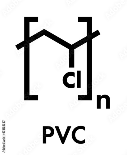 poly(vinyl chloride) plastic (PVC), chemical structure. Used in production of pipes, window frames, electric cable insulation, vinyl records, etc. Skeletal formula.