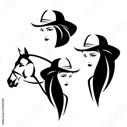 beautiful cowgirl wearing cowboy hat and bridled horse head black and white vector outline portrait