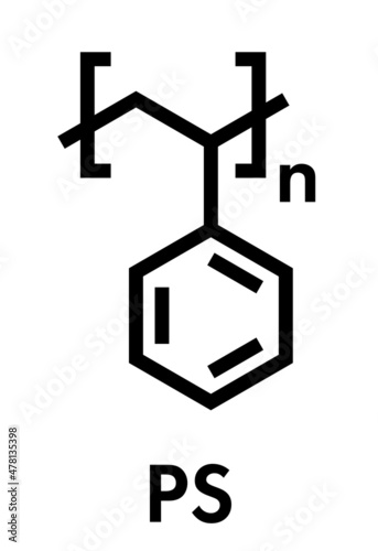 Polystyrene (PS) plastic, chemical structure. Used in insulation materials, toys, packaging, food containers, etc. Skeletal formula.