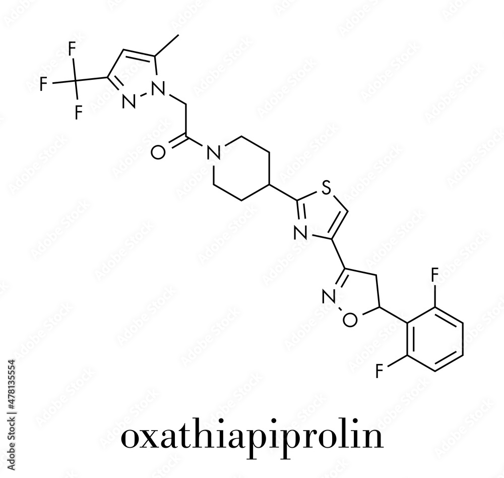 Oxathiapiprolin fungicide molecule. Skeletal formula. Oxathiapiprolin fungicide molecule. Skeletal formula.