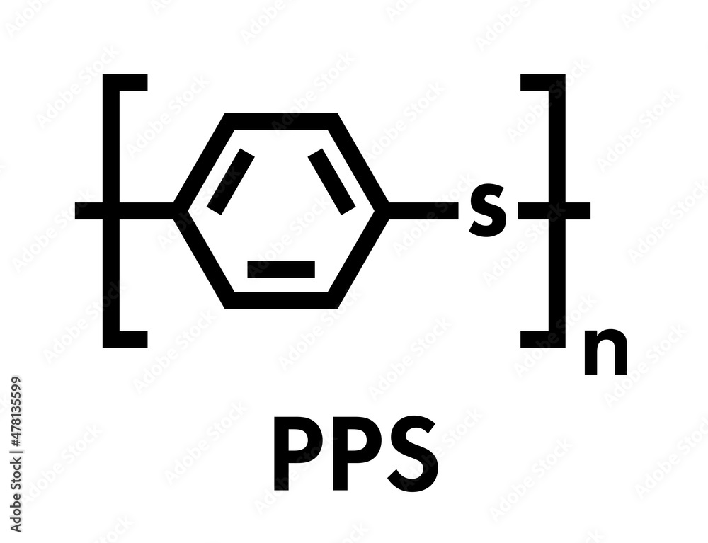 Polyphenylene sulfide (PPS) polymer, chemical structure. Commonly used