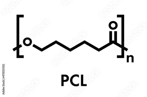 Polycaprolactone (PCL) biodegradable polyester, chemical structure. Frequently used for biomedical applications and for rapid prototyping. Skeletal formula.