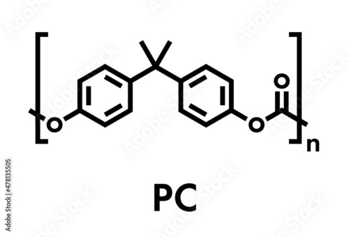 Polycarbonate (PC) plastic, chemical structure. Made from phosgene and bisphenol A. Skeletal formula.
