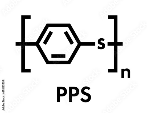 Polyphenylene sulfide (PPS) polymer, chemical structure. Commonly used engineering plastic. Skeletal formula.