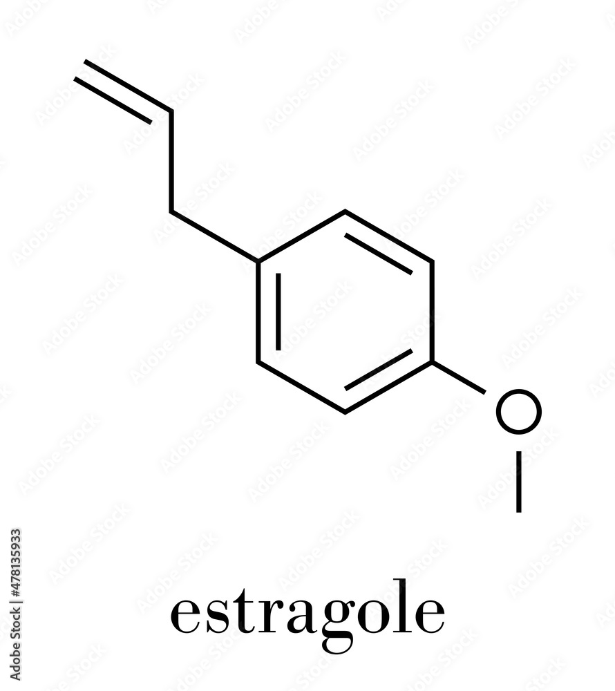 Estragole herbal molecule. Skeletal formula. Estragole herbal molecule. Skeletal formula.