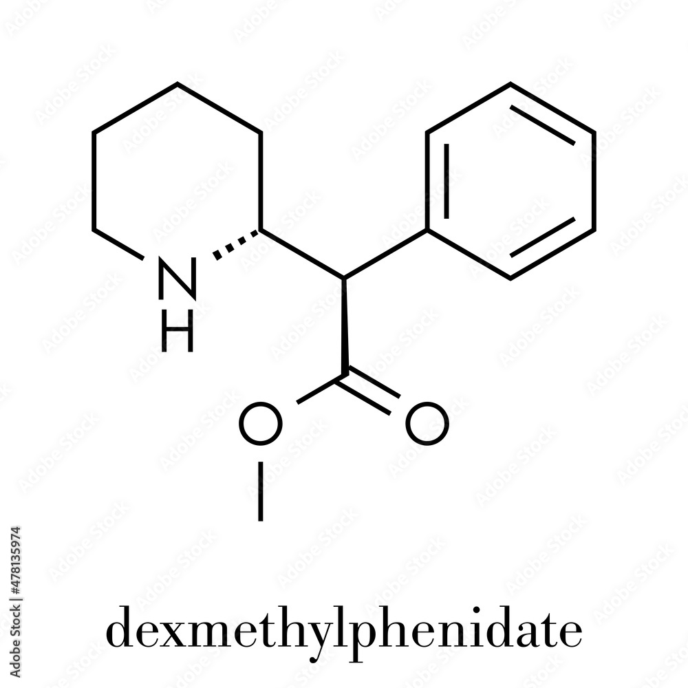 Dexmethylphenidate drug molecule. Skeletal formula. Dexmethylphenidate drug molecule. Skeletal formula.