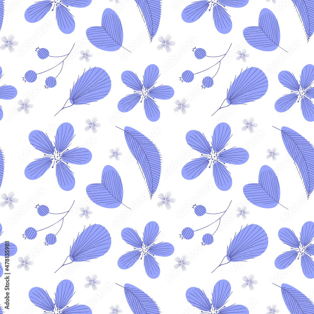Very Peri doodle flowers pattern, seamless , white background . Vector illustration