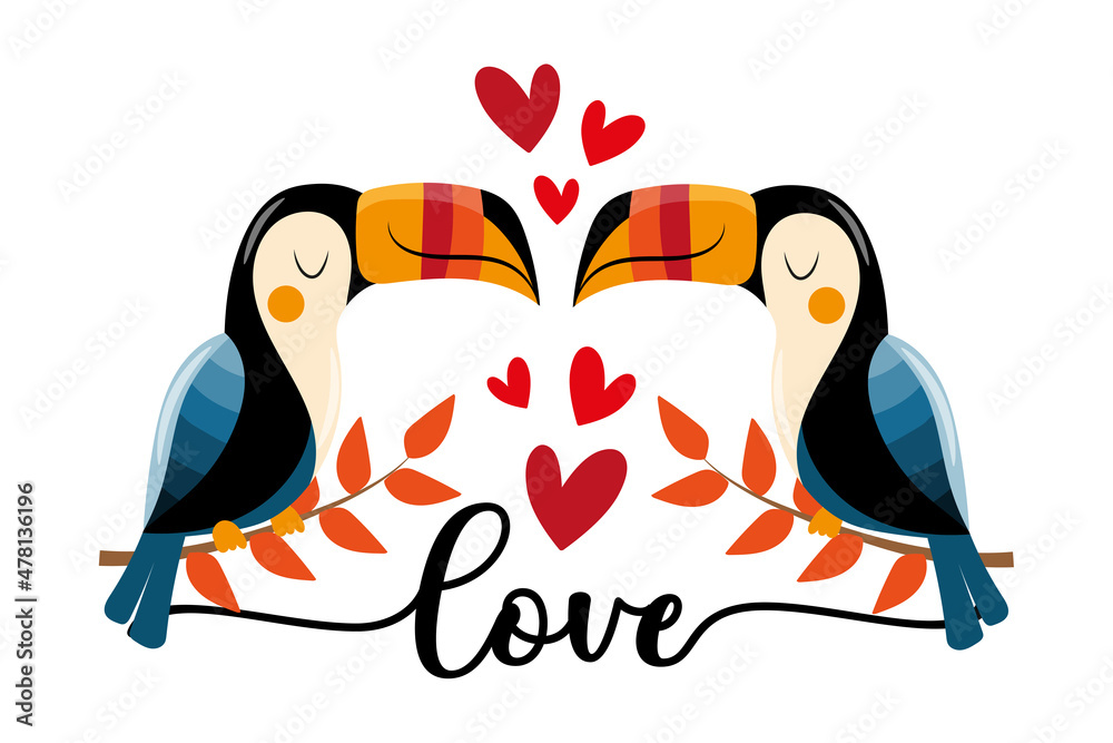 Love - Hand drawn toucan birds and hearts. Good for greeting card, poster, banner, label, T shirt print and other decoration. Love - Hand drawn toucan birds and hearts. Good for greeting card, poster, banner, label, T shirt print and other decoration.