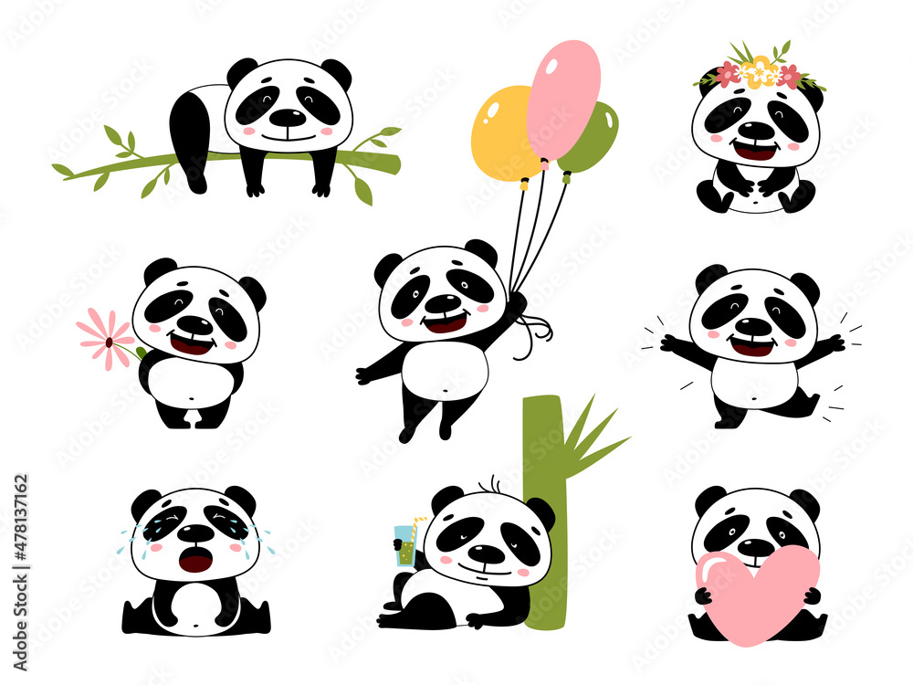 Fototapeta premium Cartoon panda characters. Pandas stickers, cute poses of chinese zoo animal. Isolated wild funny bear holding bamboo, heart and balloons, classy vector kit