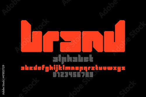 Modular style font, alphabet letters and numbers, vector illustration