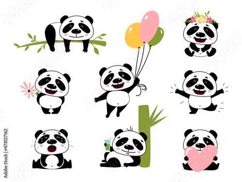 Cartoon panda characters. Pandas stickers, cute poses of chinese zoo animal. Isolated wild funny bear holding bamboo, heart and balloons, classy vector kit
