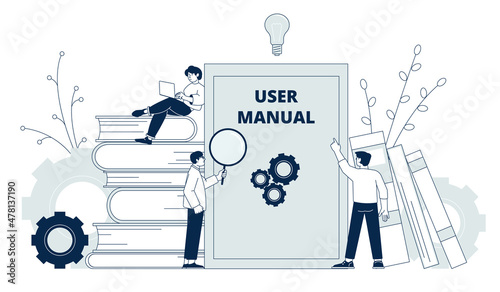 User manual concept. Business guidebooks, instruction workbook. Plan or project, people looking at documentation. Management reference recent vector concept