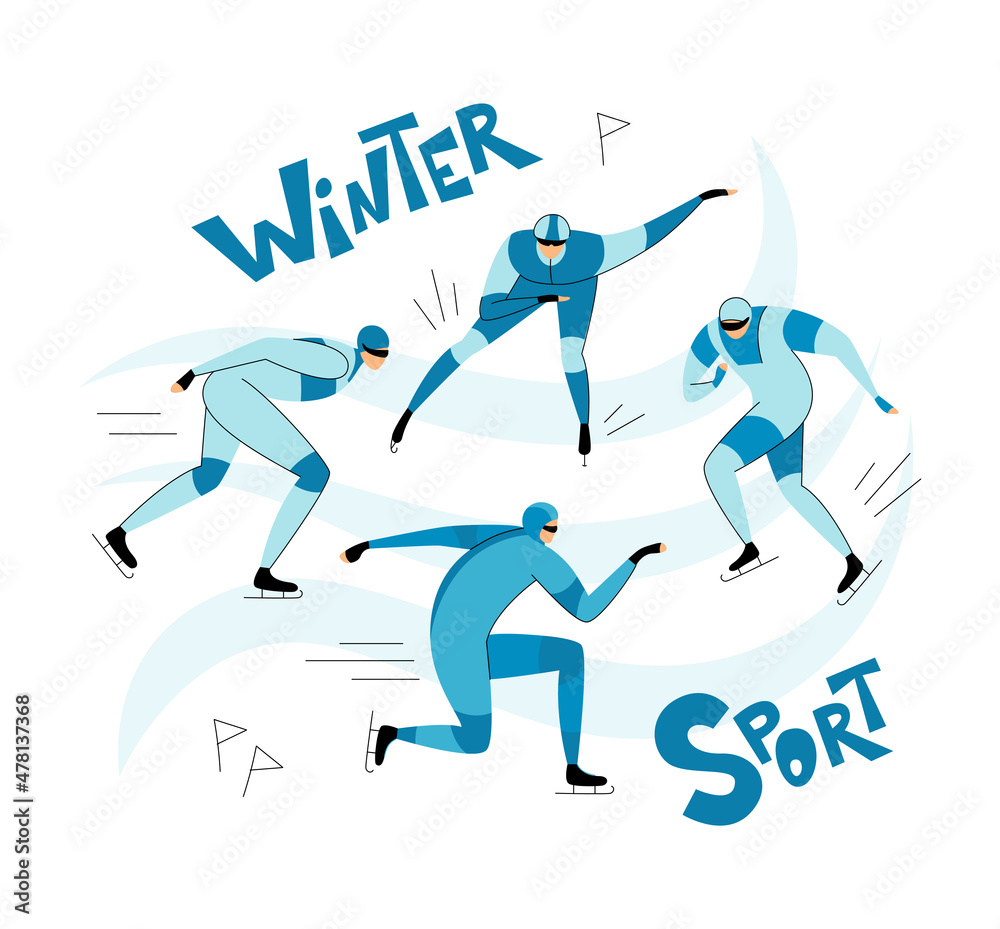 Winter sport. Short track, different poses of a speed skating athlete, the inscription winter sport. Vector illustration of line art and flat style on a white background. Winter sport. Short track, different poses of a speed skating athlete, the inscription winter sport. Vector illustration of line art and flat style on a white background.