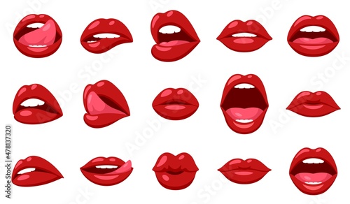 Red woman lips. Smiling lip, sexy shine impudent mouth. Female kissing, closeup face parts. Isolated cartoon girly retro patches, garish vector set