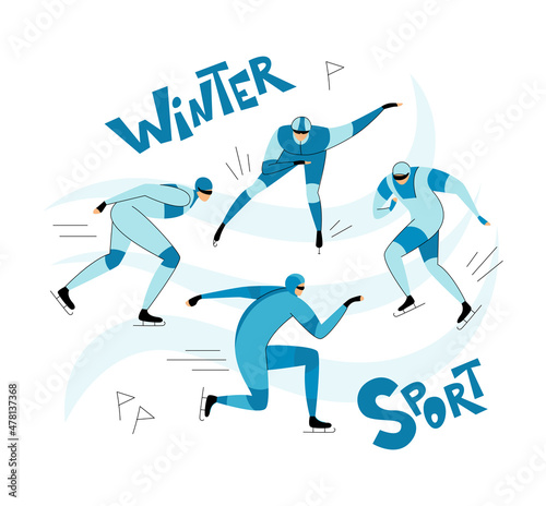 Winter sport. Short track, different poses of a speed skating athlete, the inscription winter sport. Vector illustration of line art and flat style on a white background.