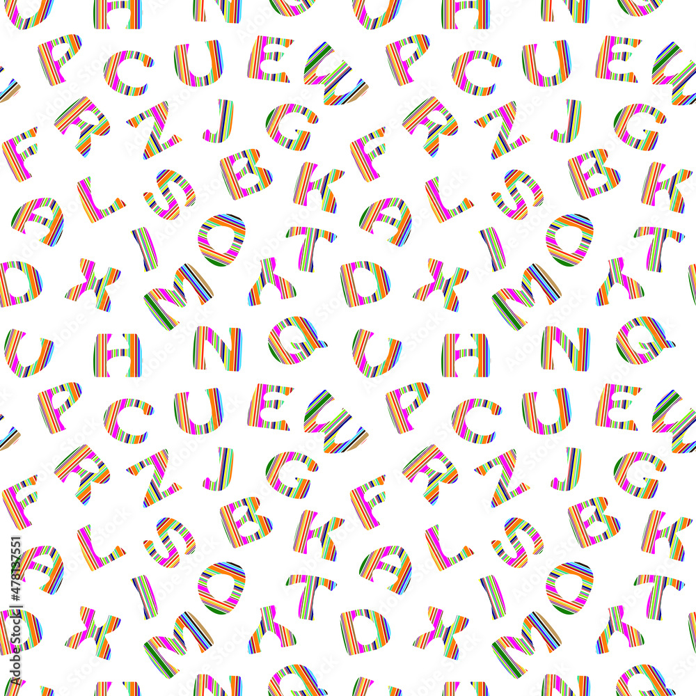 Seamless background of letters of the English alphabet. Striped letters on a white background. Seamless background of letters of the English alphabet. Striped letters on a white background.