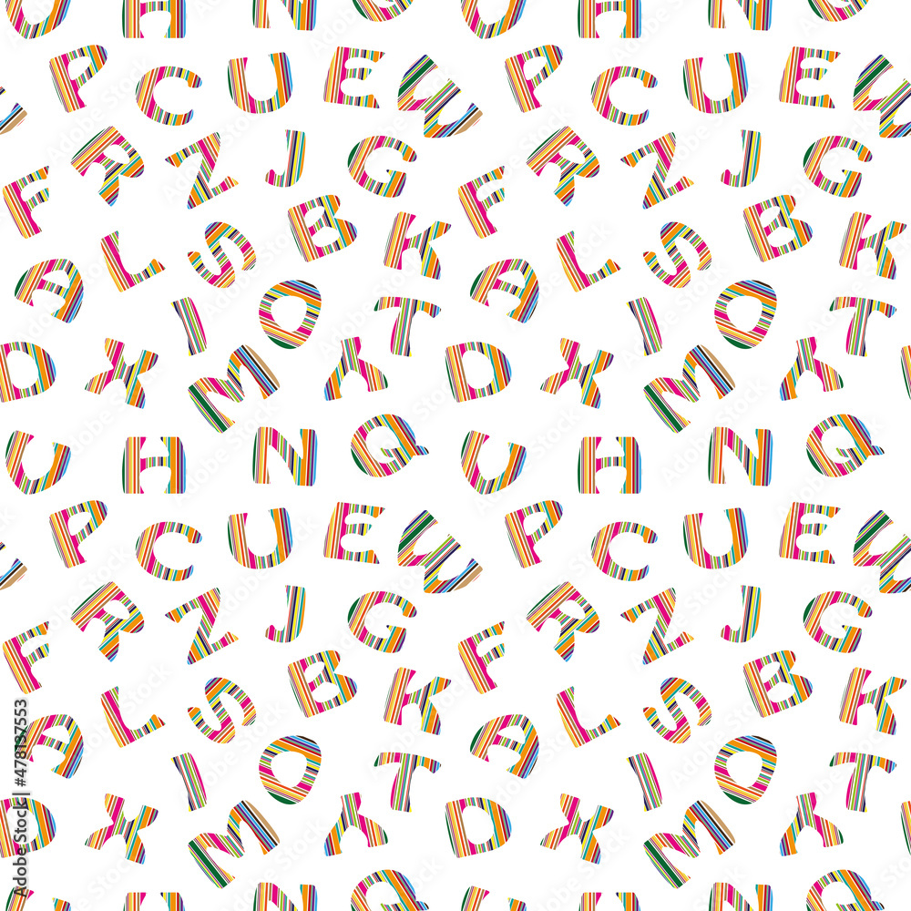 Seamless background of letters of the English alphabet. Striped letters on a white background.