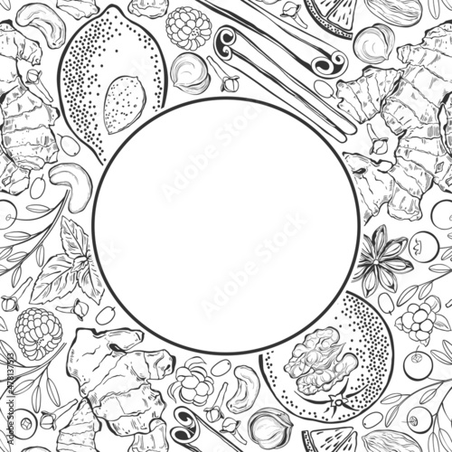Natural vitamins. Pre-made design with round frame and place for text. Vector layout decorative greeting card or invitation design background. Black and white.