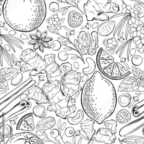 Natural vitamins. Seamless vector pattern with fruits, berries, nuts and spices that enrich the human immune system. Black and white food background.