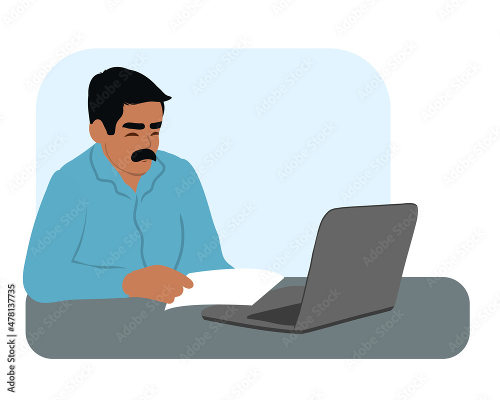 
Indian business man sits at a table with a laptop and reads a document at the table, looks through documents, pays bills and reads a letter. Flat vector illustration.
