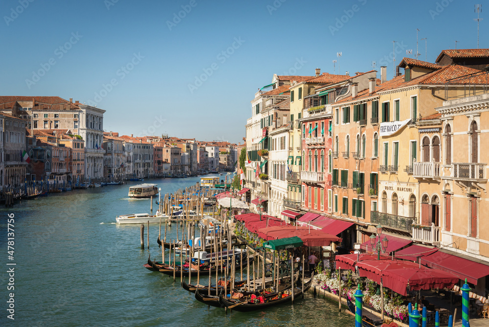  view of the Canale Grande in central Venice with many boats travelling about