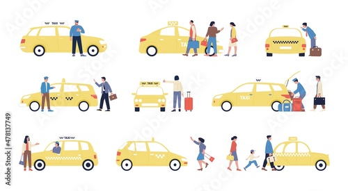 Taxi service. Family in car, isolated woman man travel to airport or railway station. Tourist transportation app, personal auto for businessman, recent vector set