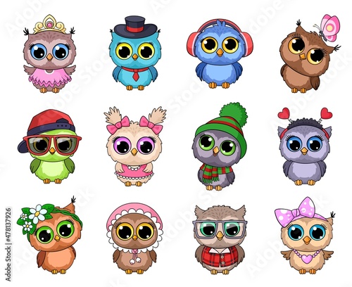 Cute cartoon owls. Owl designs, isolated animal in caps and hat. Summer and winter characters, funny wild birds wear green scarf and sunglasses, garish vector set © LadadikArt