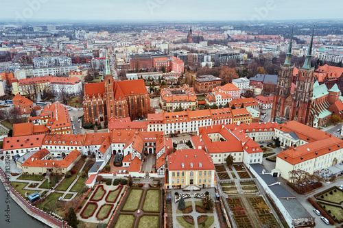Aerial view of Wroclaw cityscape panorama in Poland. Cathedral of St. John on Tumski island, bird eye view