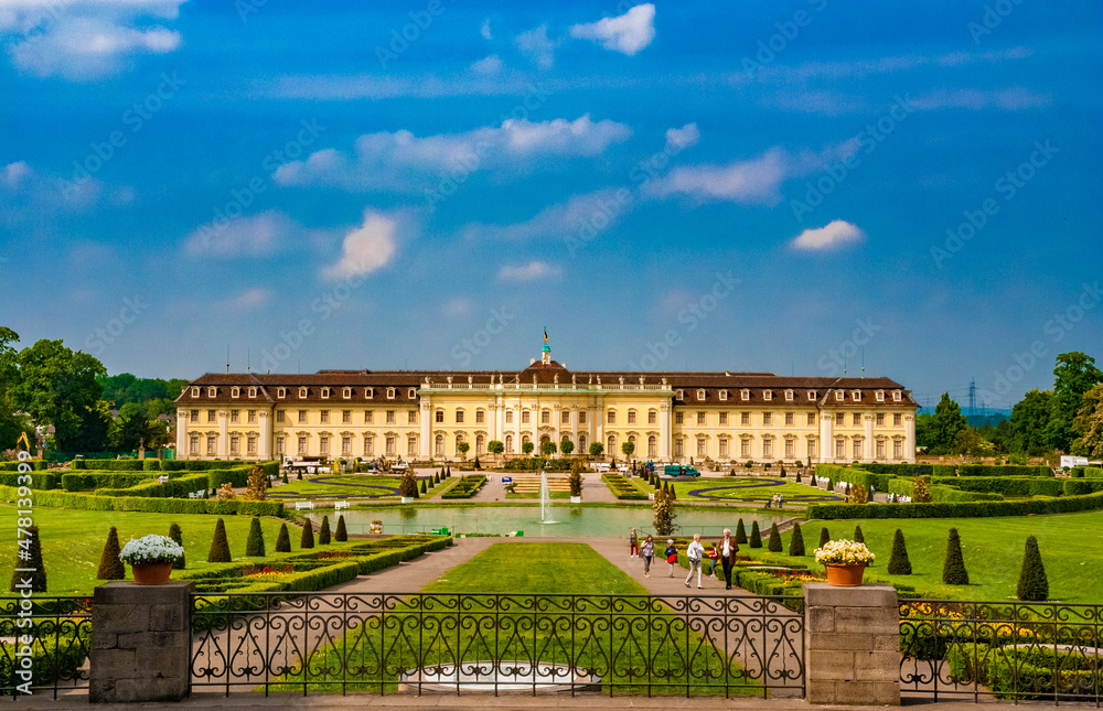 Lovely panoramic view of the Ludwigsburg Palace in Germany. The south garden with a fountain in the center, in front of the Neuer Hauptbau, has a Neoclassical style and Mediterranean theme. 