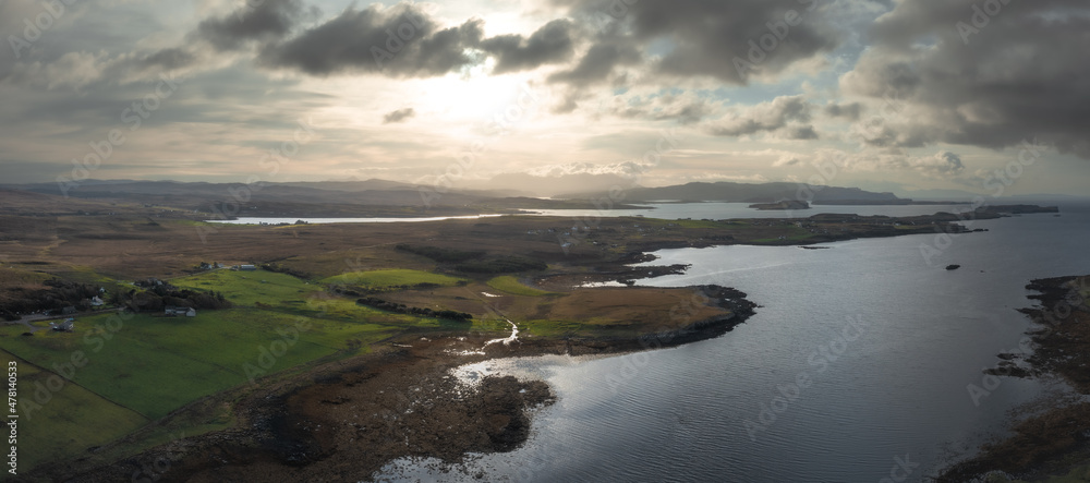 Aerial view of Isle of Skye with dramatic clouds and weather, a farm house on a small island surrounded by water