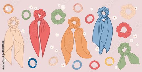 Scrunchie and hair tie illustration collection. Vector, hair accessories fashion flats and cute flowers bundle.
