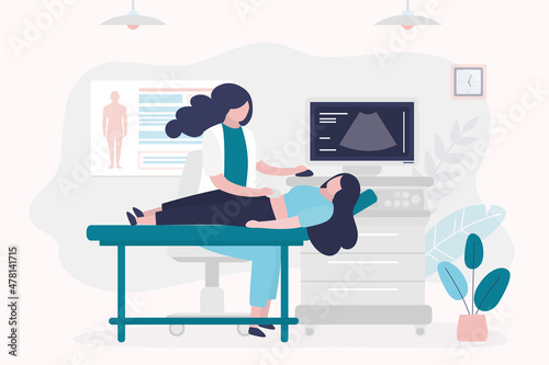 Nurse makes ultrasound scan to patient. Female character came to clinic for ultrasound of abdominal cavity. Medical office interior. Doctor uses medical equipment for procedure.