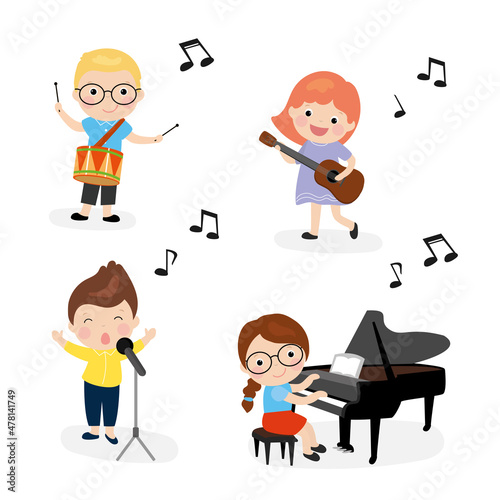 Set of happy children playing different musical instruments. Cute girl plays melody on piano