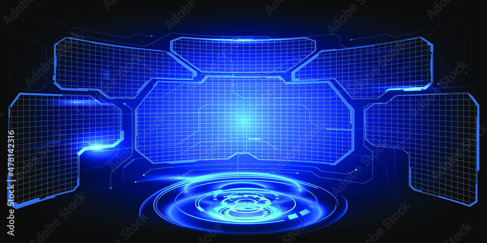 Vector illustrations of virtual digital futuristic stage neon glowing dome.Future tech showroom for digital technology product.
