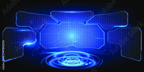 Vector illustrations of virtual digital futuristic stage neon glowing dome.Future tech showroom for digital technology product.