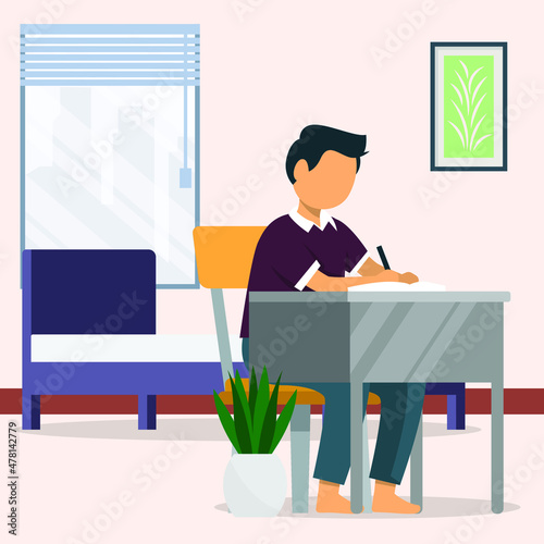 continuous line drawing of a young man do homework before going to bed, to get good grades. Vector colorful illustration. Before and After sleep activity