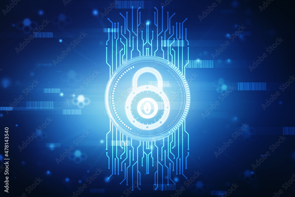 Digital Padlock on abstract technology background, Technology security concept. Modern safety digital background. Protection system, Cyber Security and safety information, personal data concept