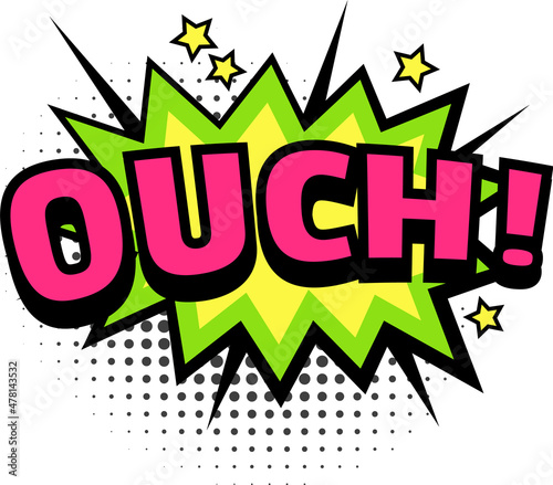 Ouch sound comic book, pop style dotted. Vector cloud halftone ouch pop art, cartoon speech comic bubble illustration