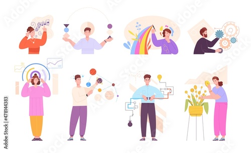 Mbti. Person psychology type, creative people different mindset, solve problem individuality mental process, human behavior mind, cartoon flat character splendid vector illustration