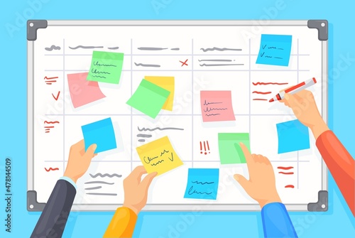 Task whiteboard. Developer tracking progress, priority tasks list monte blank board on wall, organization schedule planning, scrum plan, team brainstorm, neat vector illustration